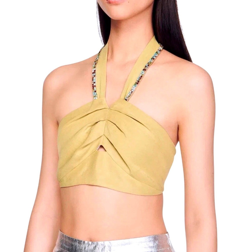 Sandro Avedis Rhinestone Halter Crop Top Tilleul Lime Green Size 4 NEW